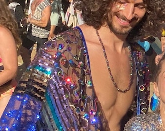 Rave Kimono, Festival Outfit, Blue Sequin Kimono, Mens Festival Outfit, Sequin Jumpsuit, Rainbow Sequin Cape, Rave Fashion, neon Partywear