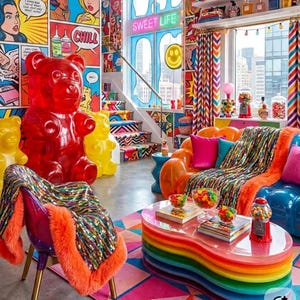 May include: A room featuring pop art comic book wallpaper, a large red gummy bear sculpture, a rainbow-layered coffee table, a blue sofa with a sequined throw, and a multi-colored starburst chandelier. A neon sign reads SWEET LIFE.
