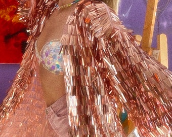 Pink Rose Gold Sequin Fringe Kimono Disco Jacket Tinsel Christmas Gift Festival dress Disco Harry Rave Party Costume Robe Styles outfit top