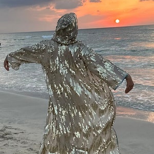 light gold sequin kimono , tribal sequin duster , tulum style outfit , womens rave outfit , mens festival clothing , burningman outfit , edc outfit , gold caftan , sequin kimono with hood , rave fashion , festival kimono , festival cape , mens cape