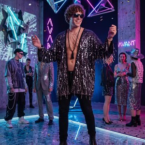 May include: A black sequined open-front cardigan with long sleeves and fringe trim, worn over a bare chest with a beaded body chain necklace. The garment features reflective black sequins that catch the light, creating a shimmering effect.
