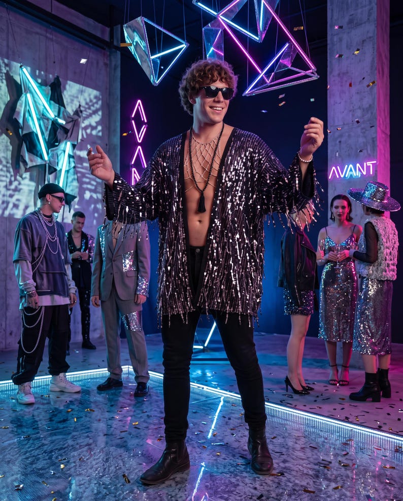 May include: A black sequined open-front cardigan with long sleeves and fringe trim, worn over a bare chest with a beaded body chain necklace. The garment features reflective black sequins that catch the light, creating a shimmering effect.