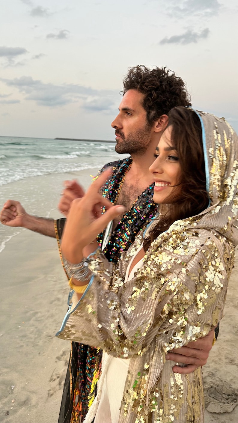 Burningman Outfit, Sparkly Kimono, Golden Outfit, Gold Sequin Kimono, Gold Caftan, Sequin Kimono, Sequin Duster, Party Outfit, Burner jacket image 5