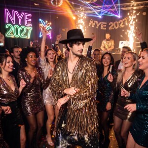 May include: A person wearing a black fedora and a long-sleeved gold metallic fringe jacket with dark patterned trousers at a New Year's Eve party. The background features neon signs reading NYE 2027, disco balls, laser lights, and confetti.