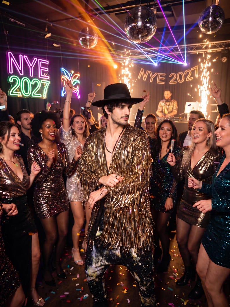 May include: A person wearing a black fedora and a long-sleeved gold metallic fringe jacket with dark patterned trousers at a New Year's Eve party. The background features neon signs reading NYE 2027, disco balls, laser lights, and confetti.