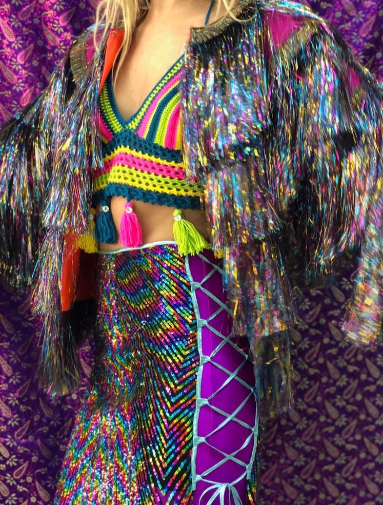 Unisex Rainbow Tinsel Fringe Jacket / Burningman / Rave outfit Etsy
