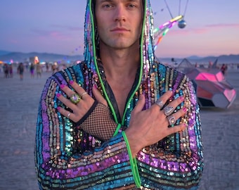 Holografische regenboog jas pailletten kleurrijk kostuum eenhoorn iriserende rave-outfit feest muziekfestival disco Tulum carnaval zeemeermin fee