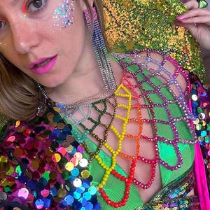 Fun Party Jacket, concert outfit, multicolor jacket, neon gay attire, neon sequin bomber, bolero jacket pink, burner fashion mens, Rainbow