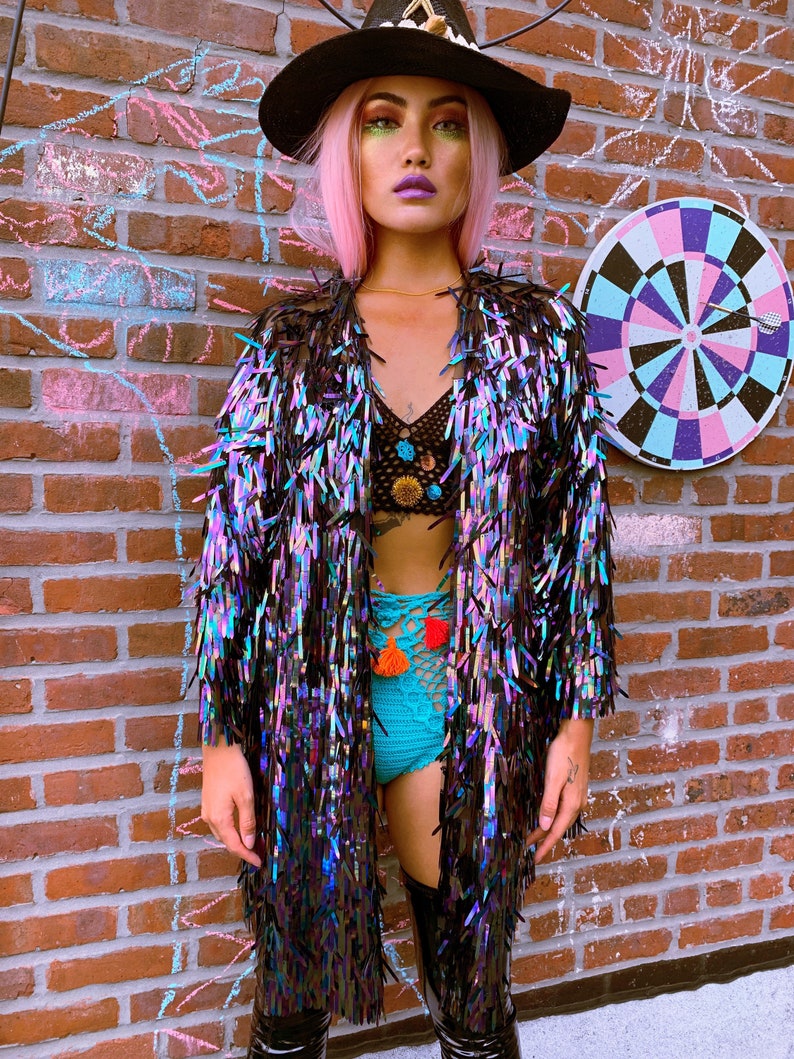 Tinsel jacket iridescent kimono sequin kimono rave jacket halloween jacket sequin duster Festival jacket holographic jacket sequin blazer image 6