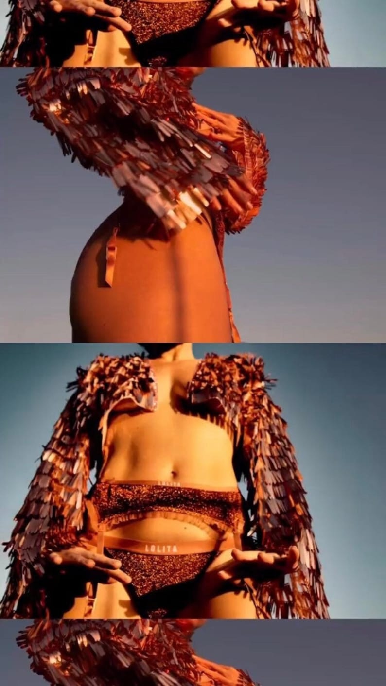 May include: A copper-colored lingerie set and matching jacket with a feathered design. The lingerie includes a bra and high-waisted bottoms. The jacket has long sleeves. The word "LOLITA" is visible on the lingerie.