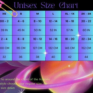 May include: A blue and purple gradient unisex size chart for a kimono, featuring rows for universal size, US size number, jacket circumference in inches, UK size, jacket circumference in centimeters, and European size, with text instructions below.