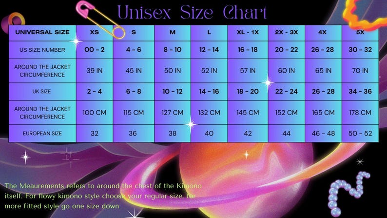 May include: A blue and purple gradient unisex size chart for a kimono, featuring rows for universal size, US size number, jacket circumference in inches, UK size, jacket circumference in centimeters, and European size, with text instructions below.