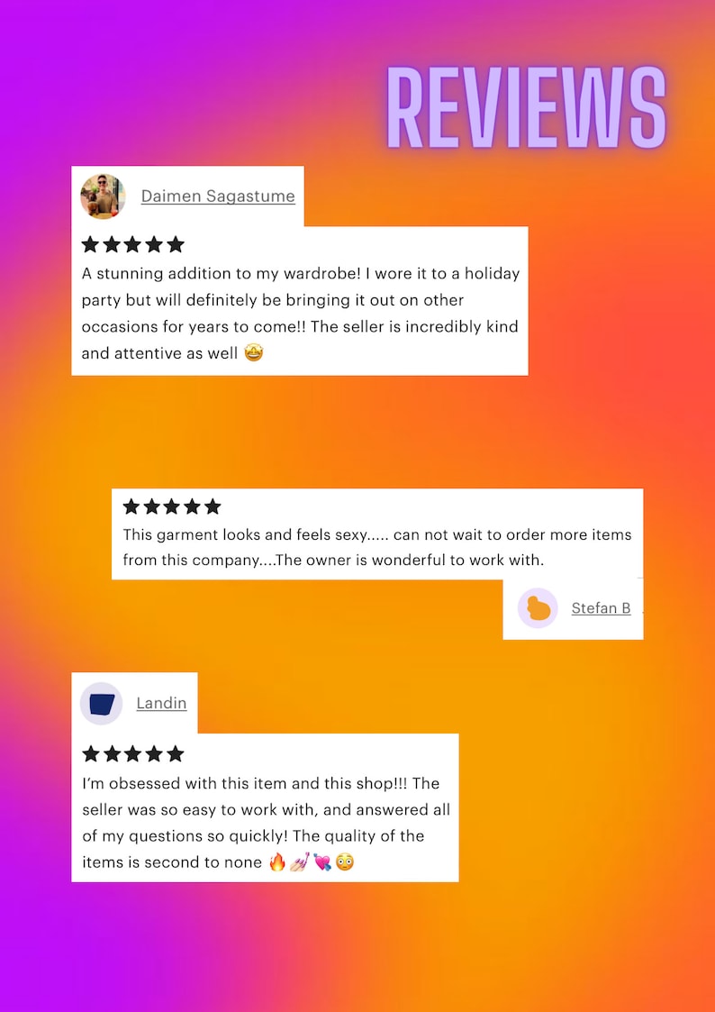 May include: A graphic display featuring the word REVIEWS in large purple letters against a gradient background. Three white rectangular boxes contain five-star customer reviews with text from Daimen Sagastume, Stefan B, and Landin.