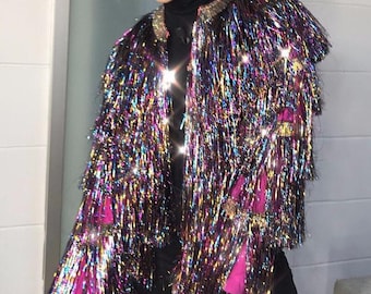 Regenbogen Lametta Fringe Jacke, Lover Ära inspiriertes Konzert-Outfit, funkelnder benutzerdefinierter Pride Festival Mantel, Swiftie-Konzert-Look, Eras Fan Outfits