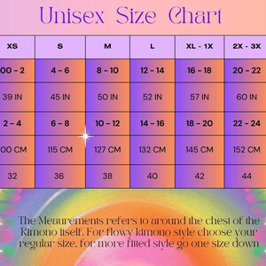 May include: A purple and orange gradient unisex size chart for a kimono. The table lists universal sizes from XS to 5X, including US size numbers, UK sizes, European sizes, and jacket circumference measurements in inches and centimeters.