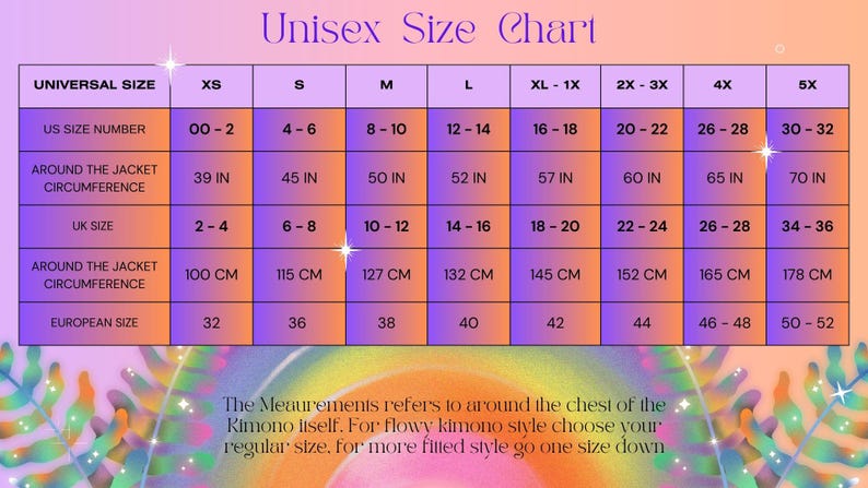 May include: A purple and orange gradient unisex size chart for a kimono. The table lists universal sizes from XS to 5X, including US size numbers, UK sizes, European sizes, and jacket circumference measurements in inches and centimeters.