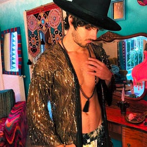 Studio 54 outfit, mens disco outfit, festival outfit men, sequin kimono, sequin blazer, fringe jacket, mens, rave outfit, mens sequin shirt