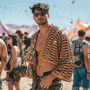 メンズスパンコールトップ、レインボージャケット、プライド衣装、EDMフェスティバル衣装、バーニングマンコート、クロップドジャケット、レインボーボンブ、メンズパーティージャケット、