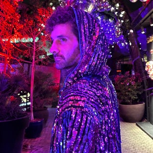 Blue Sequin Robe Burningman men women stripe cape Rave Kimono Party Disco Festival Jacket Concert Pride Halloween Boys Costume top