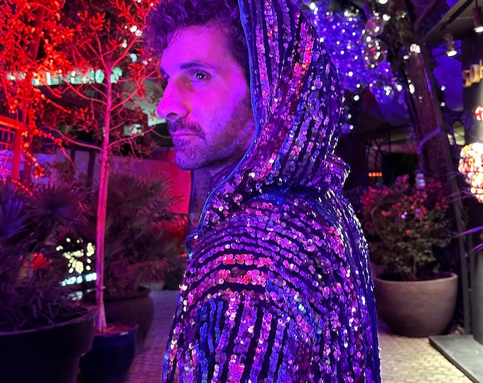 Blue Sequin Robe Burningman Men Women Stripe Cape Rave Kimono Party ...