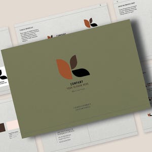 May include: A presentation of branding materials, including a brochure and several sheets with logo variations. The brochure is olive green with the company logo in orange, brown, and black. The logo is a stylized leaf design.