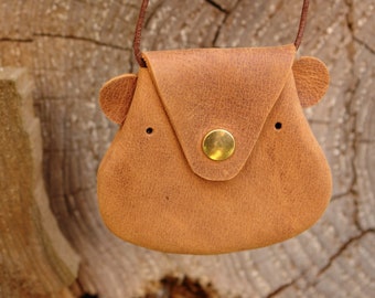 Small 2 in 1 chest pouch bear animal head (approx. 8.5 cm diameter) / children's wallet made of brown leather in an antique look / antique look