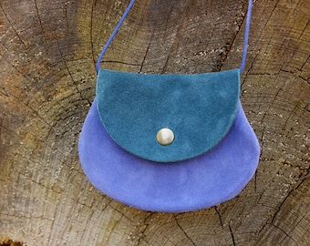 2 in 1 neck pouch / bag made of two-tone suede in turquoise and blue
