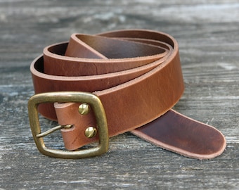 Approx. 4.2 cm wide interchangeable belt made of genuine leather in brown with trapezoidal, old brass buckle
