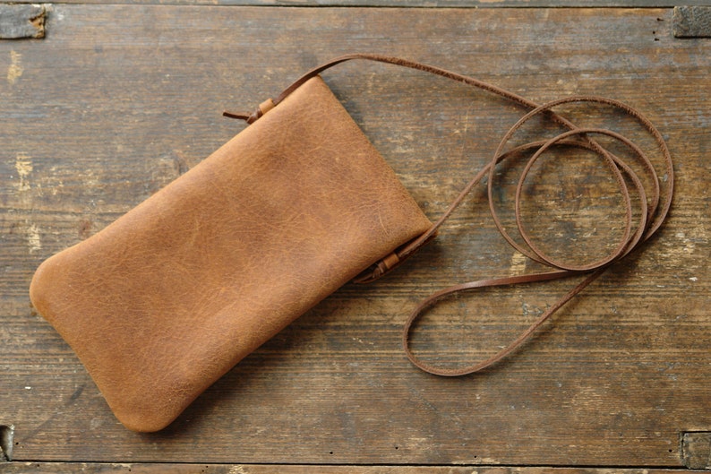 2 in 1 mobile phone bag for max. 16.7 x 8.1 cm mobile phones made of brown leather in an antique look / antique look for hanging around your neck image 4