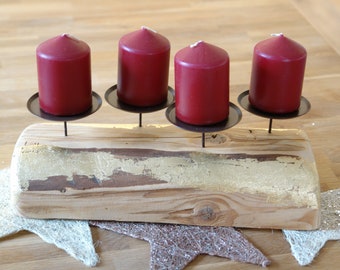 Half-timbered beams candlestick Advent wreath with gilding and 4 red candles, old wood beams, rustic Advent candle holder, wooden beams