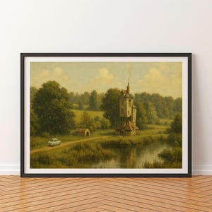 May include: Framed landscape art print featuring a vintage car on a dirt road leading to a unique house by a lake. The artwork has a vintage aesthetic with a color palette of greens, browns, and blues. The scene is set in a rural environment with trees and a cloudy sky.