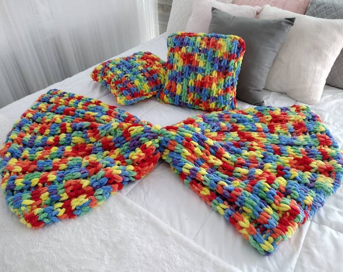 Rainbow Rib Knit Blanket and Pillow Set