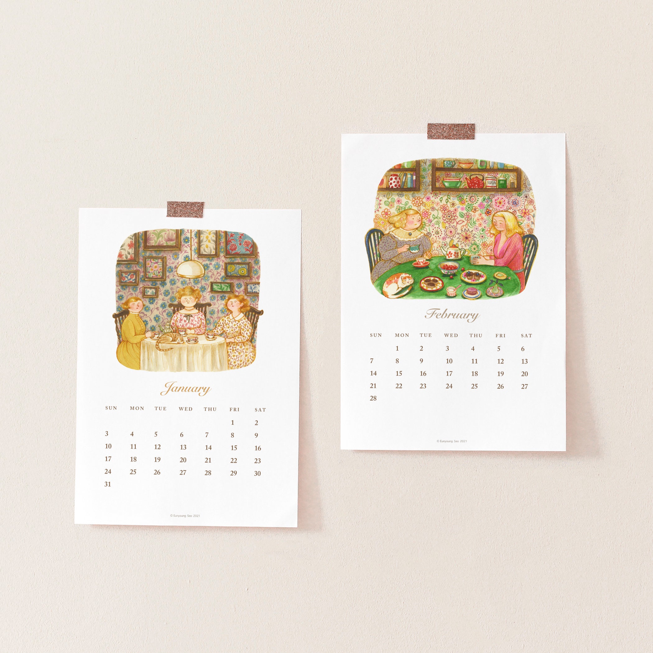 2021 A4 Printable Wall Calendar Floral Illustrated Art Etsy