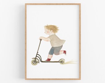 Boy Riding Scooter, Printable Watercolor Artwork, Kids Room Decor, Nursery Wall Art, Illustration Print, Home Print, Home Decor
