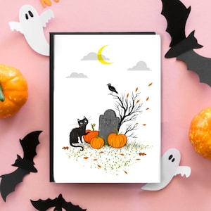 Chat noir et citrouilles Carte de voeux d'Halloween Art effrayant mignon