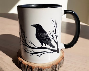 Black Raven Coffee Mug, Witchy Gifts, Gothic Mug with Elegant Spooky Art, Dark Aesthetic Kitchen Decor