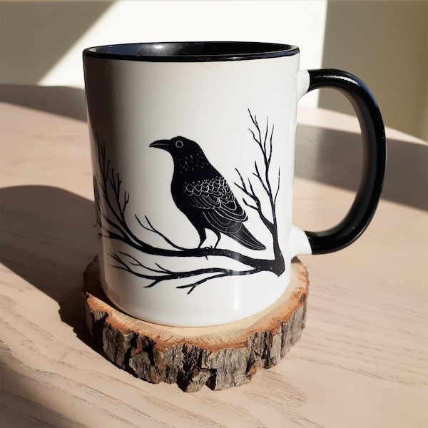 Black Raven Coffee Mug, Witchy Gifts, Gothic Mug with Elegant Spooky Art, Dark Aesthetic Kitchen Decor