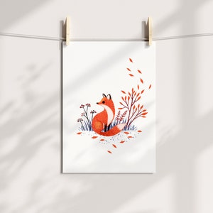 Thinking fox in autumn, 1 of 3 sets of prints, Fox Wall art, Woodland Animal Illustration, Poster for Rustic Home Decor