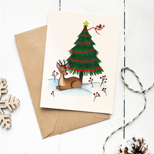 Rudolph le renne au nez rouge et sapin de Noël, Carte de Noël illustrée