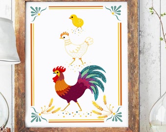 Farm animal painting Rooster and Chicken Country Art Print for Kitchen Farmhouse decor, Colourful Poster for Chicken lovers, Farmer gift