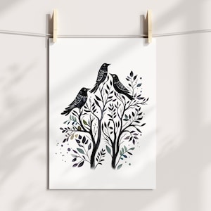 Raven art print Witchy art Crow illustration Gothic Black and white Watercolor painting Bird print Dark cottagecore Dark aesthetic artwork