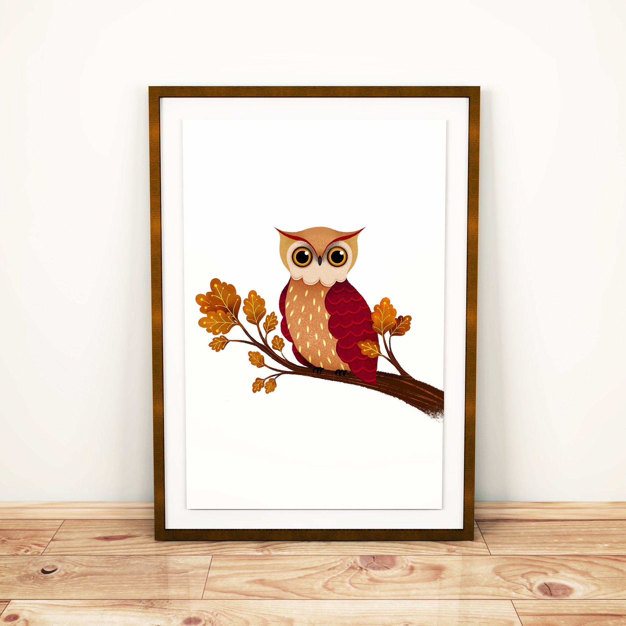 Orange Owl Print: Autumn Leaves, Boho Bedroom Wall Art