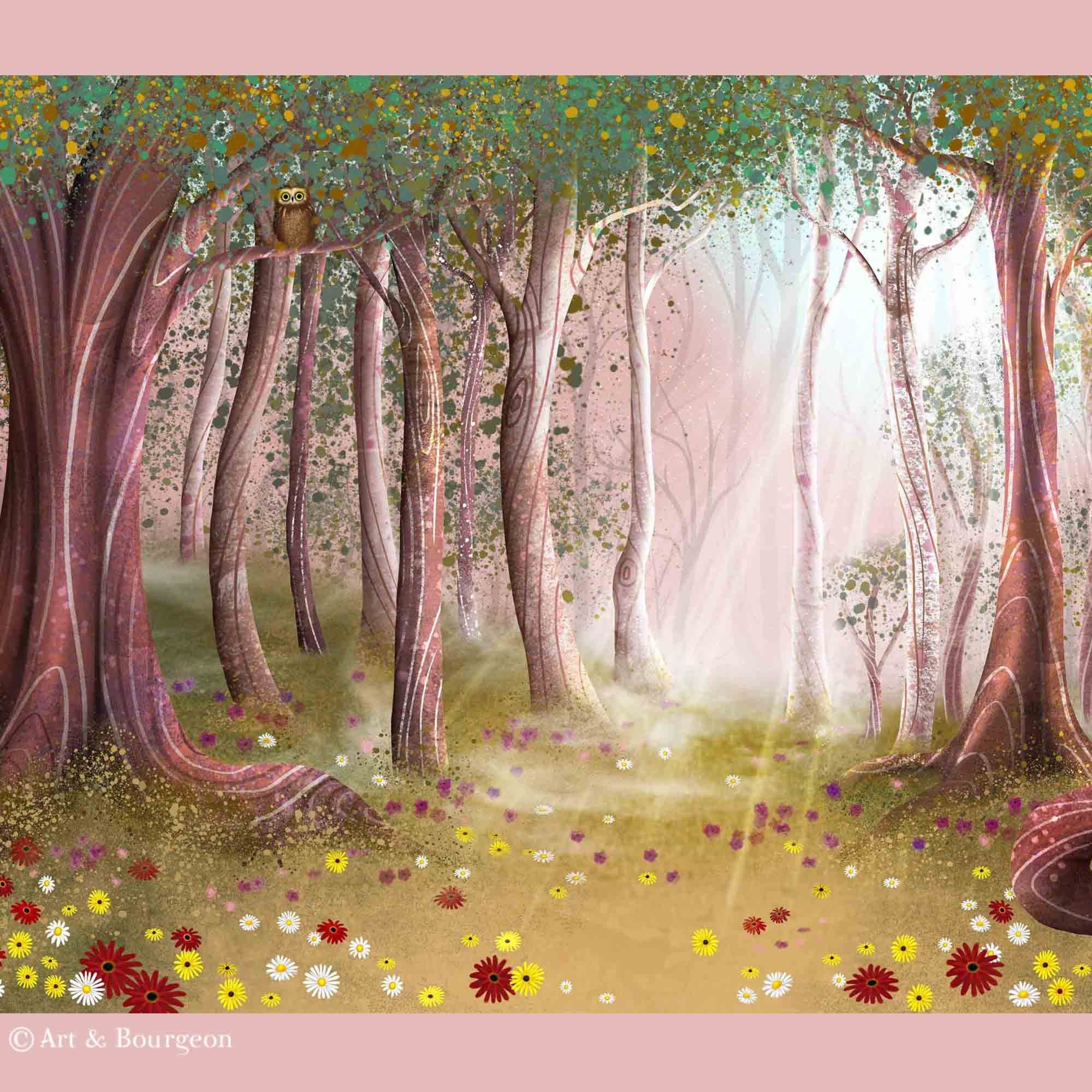 Pink Enchanted Forest Landscape Painting Forest Wall Art Etsy