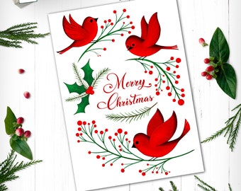 Red Christmas Birds, Holiday Handmade Cards, Christmas Cards