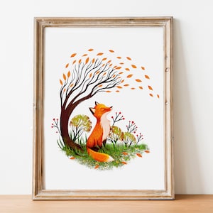 Autumn Fox in the Forest Print - Whimsical Woodland, Rustic wall art for Fall Home decor