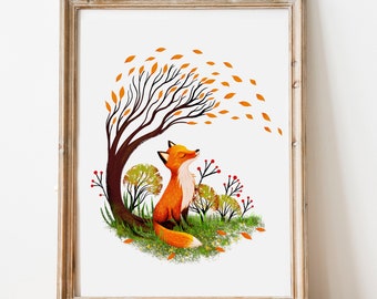 Autumn Fox in the Forest Print - Whimsical Woodland, Rustic wall art for Fall Home decor