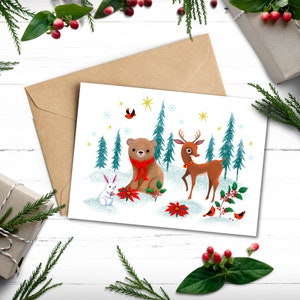 Baby dieren kerstkaart, rendier, beer en konijn illustratie