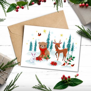 Baby animals Christmas card, Reindeer, bear and bunny illustration