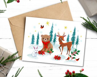 Baby animals Christmas card, Reindeer, bear and bunny illustration