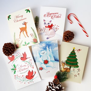 Pacote de cartões de Natal (conjunto de 5) Conjunto de cartões de Natal, cartões feitos à mão com arte de animais
